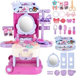 deAO 3 in 1 Toddler Vanity Makeup Table Girls Vanity & Suitcase Set with Fashion Accessories Pretend Play Travel Suitcase Fashion Beauty Set for Girls
