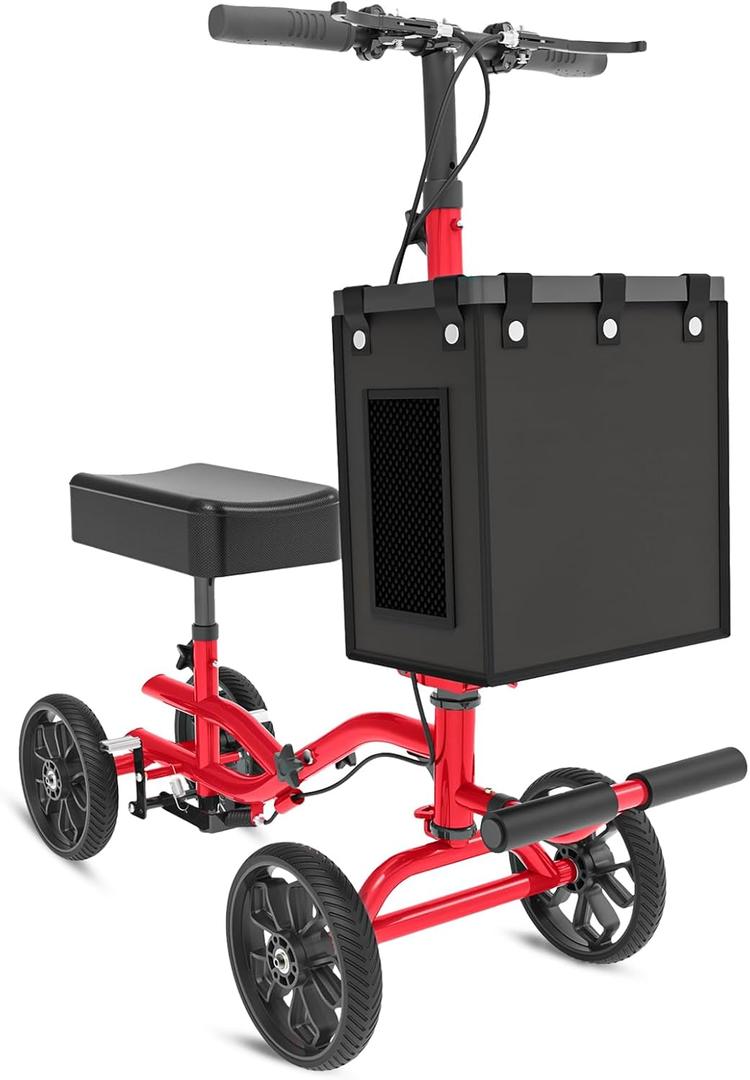 Lightweight Knee Scooter Crutch Alternative, Foldable & Adjustable Knee Scooter for Adults for Foot Surgery, Steerable Knee Walker with Detachable Storage Basket, Includes DIY Stickers-Hot Red