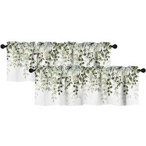 Sage Green Leaf Valances for Windows 2 Pack, Spring Summer Kitchen Curtains for Window Over Sink Eucalyptus Botanical Rod Pocket Short Curtains for Small Window for Basement Bathroom RV,54" W x 18" L
