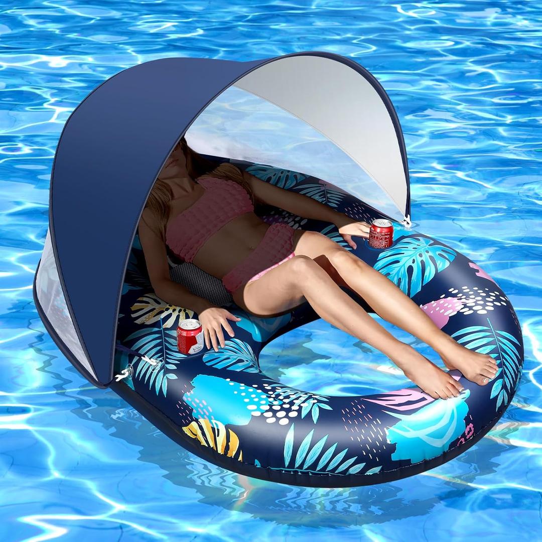 Inflatable Pool Floats with UPF50+ Canopy-Removable-120 Adjustable, Large Pool Beach Floating Raft Lounge with 2 Cup Holders, Swimming Inflatable Pool Floats for Beach, Lake, Party