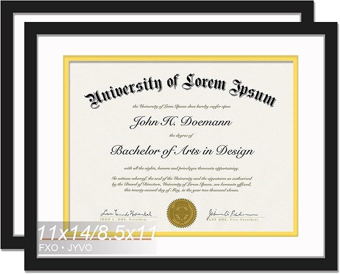 Black 11 x 14 Diploma Frame Set of 2, Display Document 8.5x11 with Mat or 11x14 Without Mat, Certificate Frame with White&Gold Mat for Masters Associates Bachelor Degree - 2 Packs