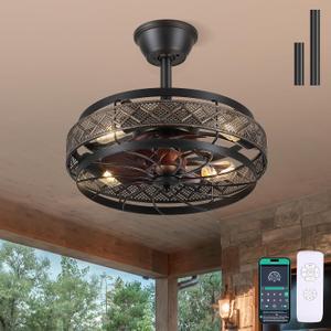 18 inch Black Caged Ceiling Fan with Lights, Bladeless Industrial Ceiling Fan with Remote, 6 Speed, Timing, Farmhouse Fan Lights Ceiling Fixtures for Kitchen, Bedroom