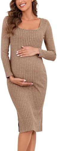 LAHILO Long Sleeve Maternity Sweater Dress for Fall Winter, Knit Ribbed Maternity Bodycon Dress, Size L