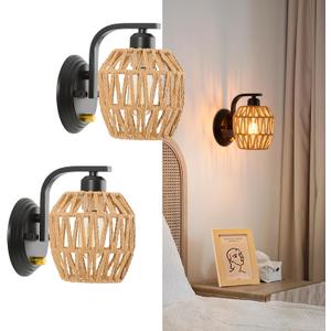 Boho Rattan Wall Sconces Set of Two On/Off Dimmable Switch Bedside Wall Lamp Hardwired Hand-Woven Farmhouse Wall Sconce Indoor Wall Lights for Bedroom Bathroom Living Room, E26