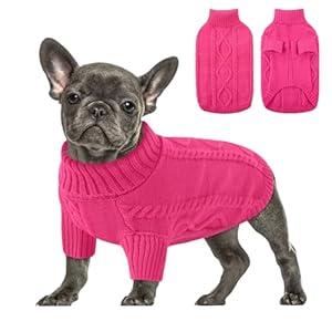 Queenmore Small Dog Pullover Sweater, Cold Weather Cable Knitwear, Classic Turtleneck Thick Warm Clothes for Chihuahua, Bulldog, Dachshund, Pug (Fuchsia, Large)