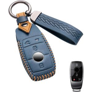 for Mercedes Benz Key Fob Cover Leather Car Key Case Keychain Fob Holder Compatible for Mercedes Benz A-Class C-Class E-Class G-Class S-Class 2017-2024 (Blue)