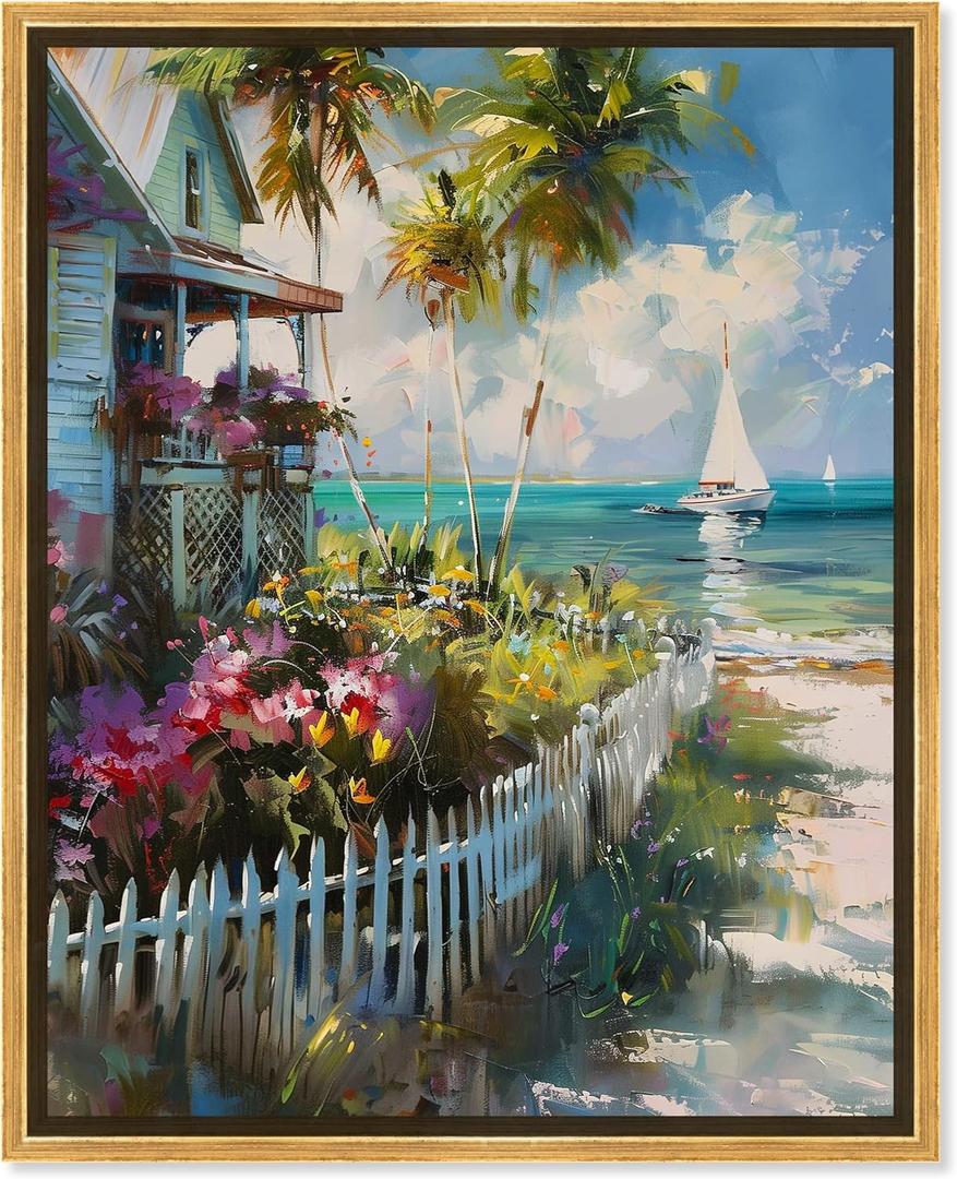 Local Beach House Framed Colorful Coastal 1 Piece Canvas Wall Art, 17.5" x 21.5", Gold Frame (21.5L" x 17.5W")
