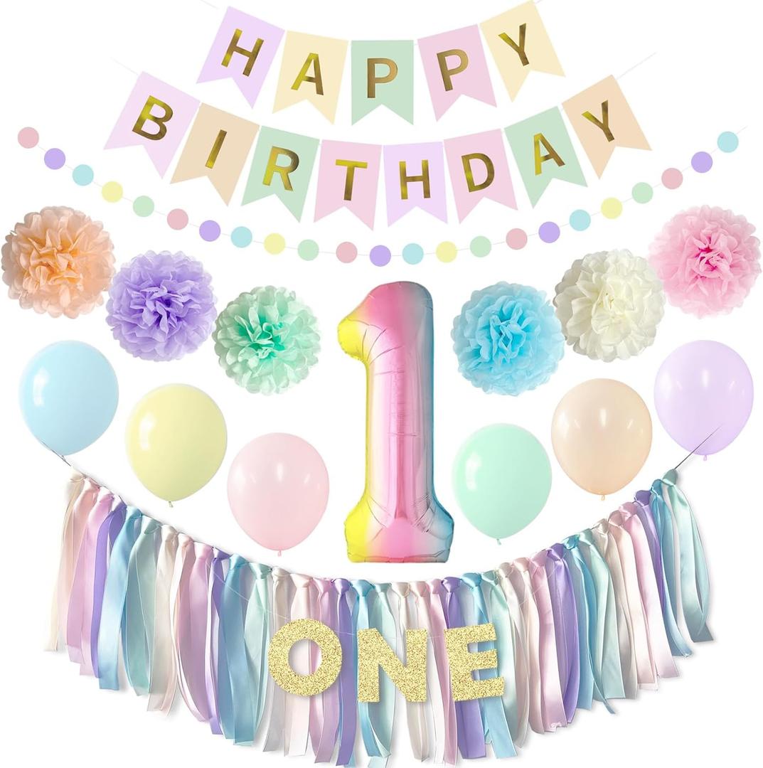ANSOMO 1st Birthday Party Decorations Pastel Rainbow Happy Birthday High Chair Banner One Year Old Baby Girls Dcor Number 1 Balloons Kids Macaron Streamer Garland