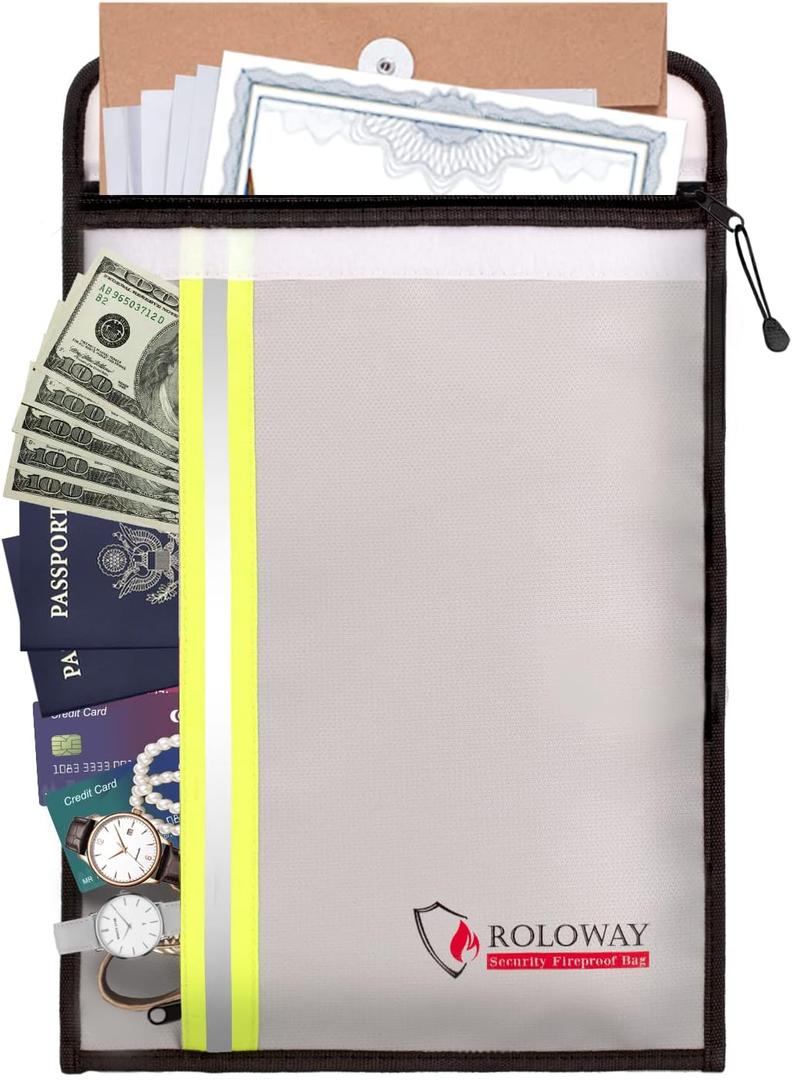 ROLOWAY Fireproof Document Bag (15 x 11 inch) with 2 Pockets & Waterproof Zipper, Fire Safe Envelope Bag for Cash, Legal Documents (Silver)