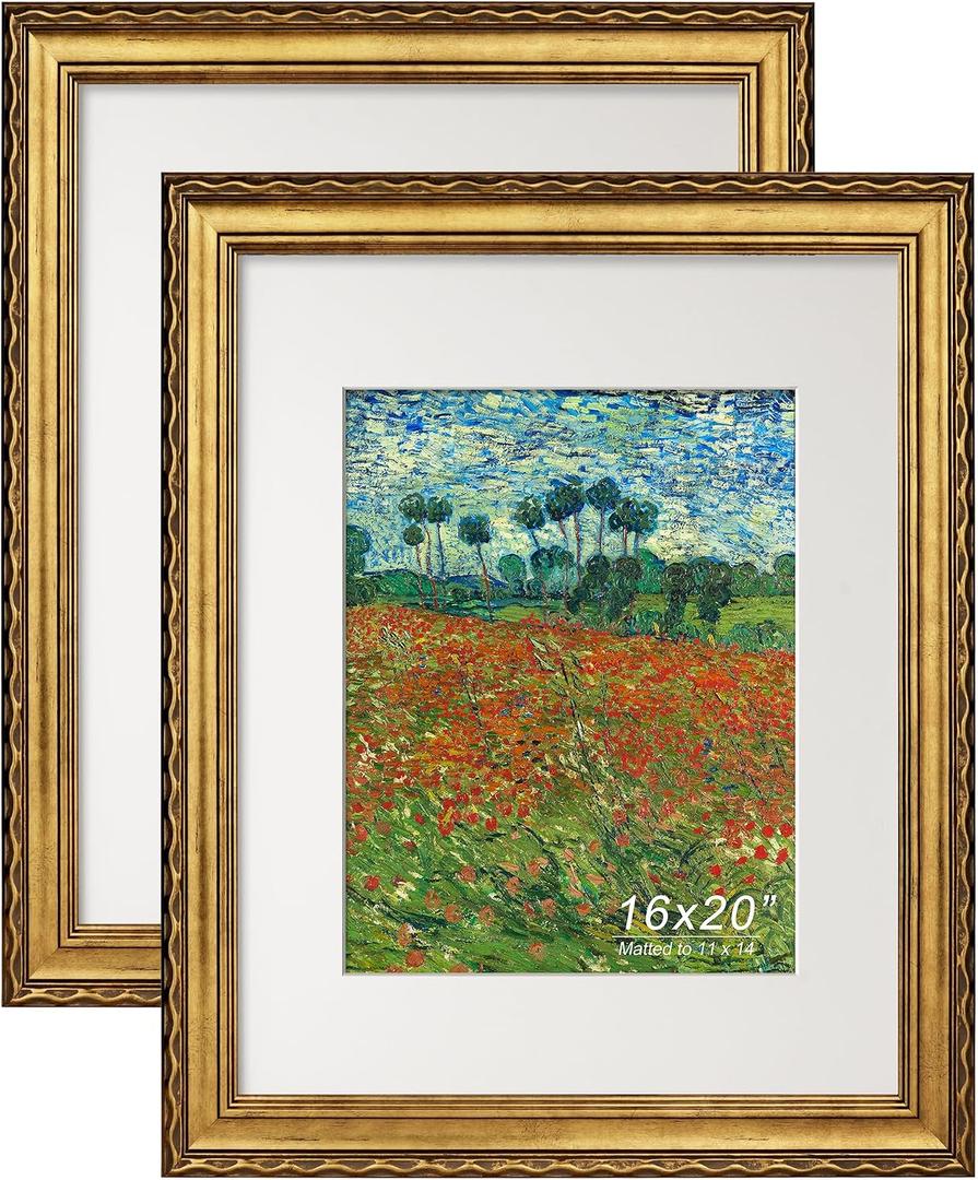 Gold 16x20 Picture Frame, Embossing Ornate Photo Frame with Plexiglass, Fit for 2 Sizes with Paper Mat for 8x12 or 12x16 without Mat, Wall Mount in Vertical or Horizontal, 2 Pack