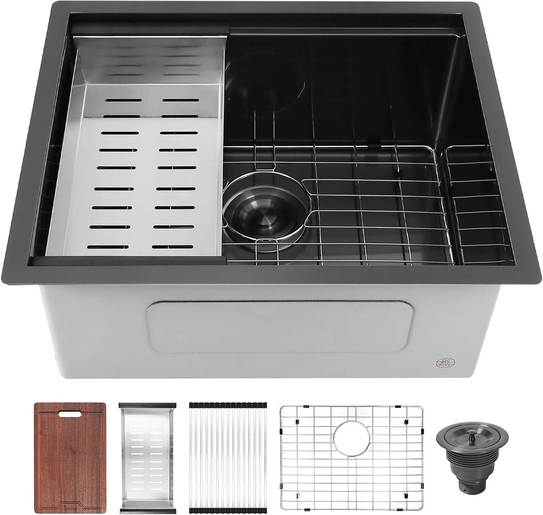 Davivy 22 Inch Black Kitchen Sink Undermount, 16 Gauge Stainless Steel Kitchen Sink Workstation, 22 x 18 x 10 Large Deep Single Bowl Design with Accessories