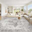 Area Rug 9x12 Washable Rug, Vintage Boho Medallion Rugs Non-Slip Soft Low Pile Large Distressed Rug Indoor Retro Carpet for Living Room Bedroom Dining Room Home Office (Grey, 9'x12')