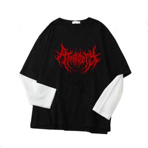 Goth Shirt Fake Two Piece Alternative Clothing Retro Baggy Long-Sleeved Top Garbage T-Shirts (XX-Large, Red)