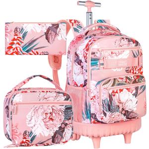 3Pcs Rolling Backpack for Girls Women, 19 Inche Adults Roller Bag with Wheels, Flower Wheeled Bookbag with Lunch Box(Pink)