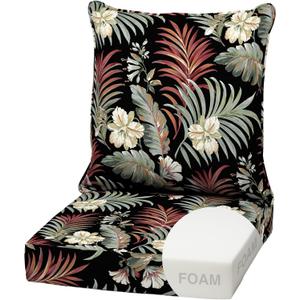Arden Outdoor Foam Deep Seat Cushion Set, 22 in x 24 in, Weather-Proof, Rain-Proof, Fade Resistant Patio Cushion, Bottom and Back Cushion for Chair, Sofa, and Couch Simone Black Tropical
