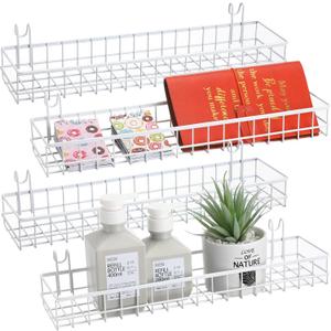 Blulu 4 Pcs 15.75 x 3.94 x 1.97 Inch Metal Grid Wall Baskets with Hooks Grid Wall Shelves Hanging Wire Basket Multi Function Storage Organizer for Kitchen Organizing Display (White)