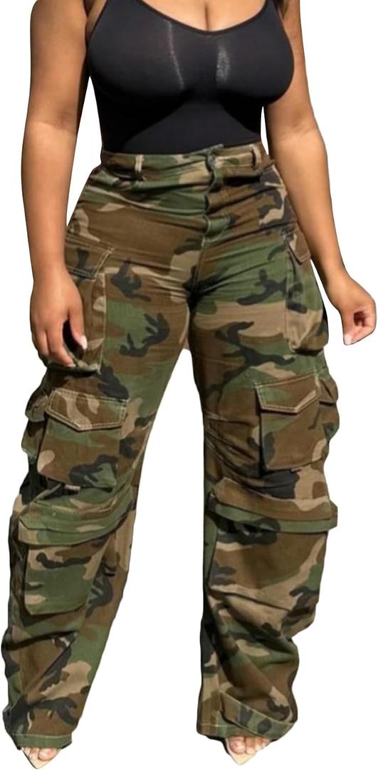 LKOUS Womens Cargo Baggy Straight Jeans Streetwear Y2K High Waist Wide Leg Denim Pants with Multiple Pockets, Camo, Large