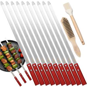 10 PCS 23.6" Flat Stainless Steel Skewers, Metal Barbecue Skewers with Wooden Handles and Silicone Brush, Reusable Long Shish Kabob Skewers for Grilling for Koobideh Persian Picanha Brazilian