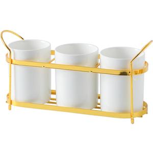 3-Piece White Ceramic Silverware Caddy with Golden Metal Rack, Utensil Holder Flatware Caddy Cutlery Storage Organizer for Kitchen Table (White+Gold)