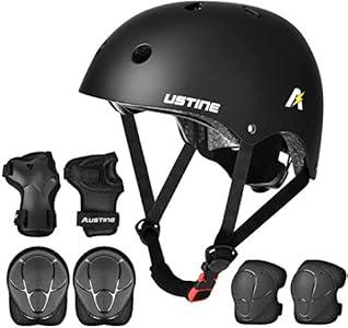 USTINE Kids Bike Helmet Set, Skateboard Helmet, Adjustable Sports Helmet, Protective Gear Set Knee Elbow Wrist Pads for Kids Youth Multi-Sports Scooter Roller Skate Cycling Rollerblading