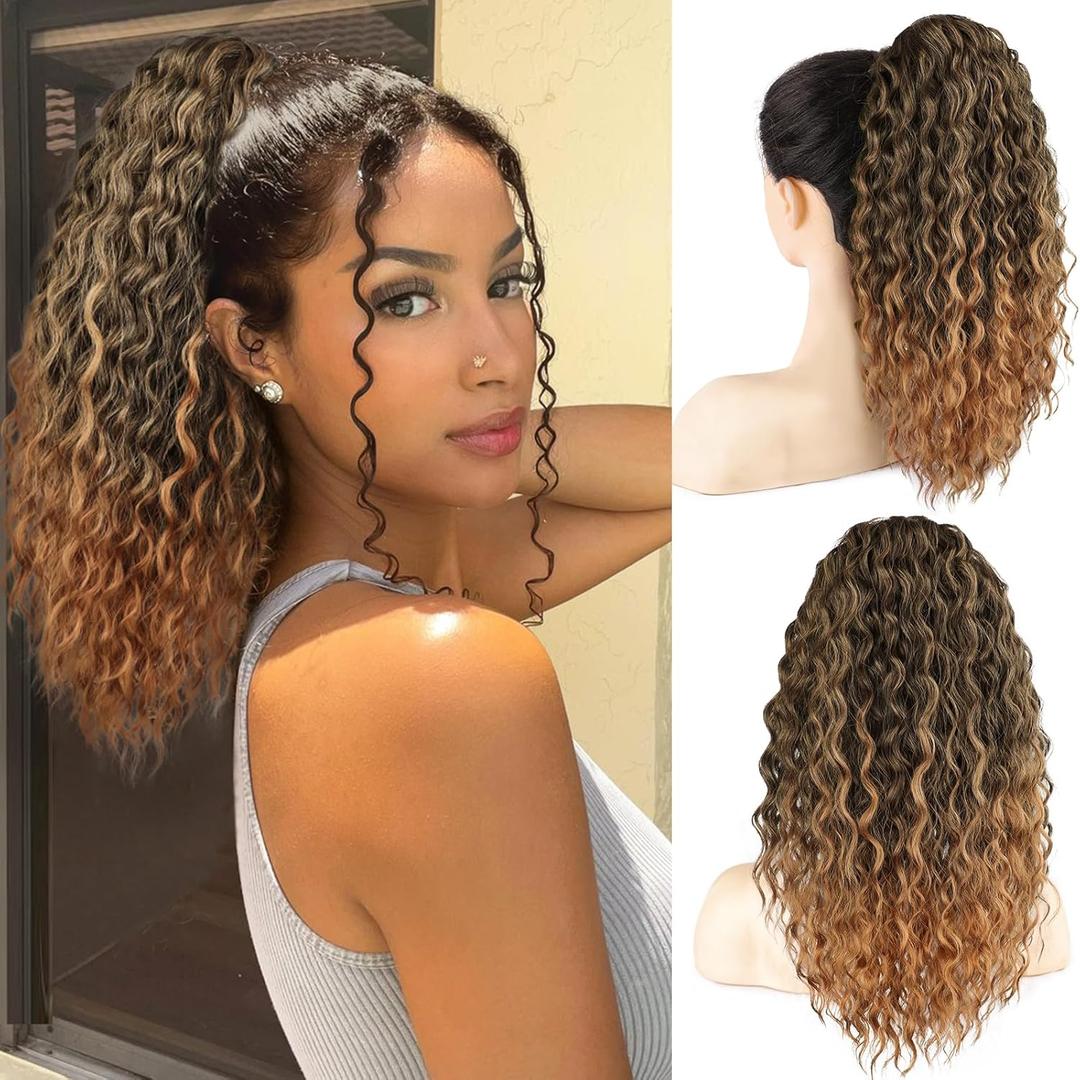 FREEMEIGE Drawstring Ponytail Ponytail Extension Curly Ponytail Extension for Black Women 16Inch Long Curly Wavy Synthetic Ponytails Extension for Women