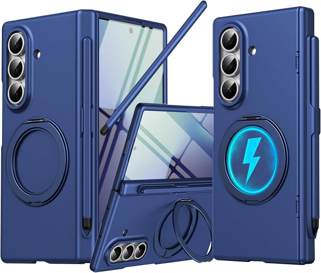for Samsung Galaxy Z Fold 7 Case with S Pen Holder & Stylus, 360 Rotating Magnetic Ring Stand Compatible Magsafe Screen Protector Hinge Cover Full Coverage Protective Case for Z Fold 7 Blue