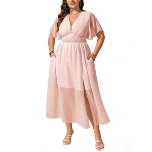EYWOL Plus Size Pink Wedding Guest Dress: Long Light Pink Dress - Cocktail Dresses for Women Wedding Guest - Plus Size Summer Cocktail Dresses for Curvy Women (Pink, XL)