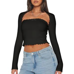 Women's 2 Piece Lace Long Sleeve Tops Cute Ribbed Knit Bow Knot Lace Tube Top Sexy Slim Fit T Shirts (Black), S