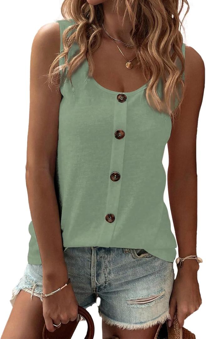 SHEWIN Womens Tank Tops Solid Button Crewneck Sleeveless Summer Tops Loose Fit (Medium, Green)