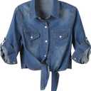 American Trends Women's Denim Shirt 3/4 Sleeve Tie Front Top Knot Chambray Cardigan Button Shirt Jean Crop Top Jacket (Large, Dark Blue)