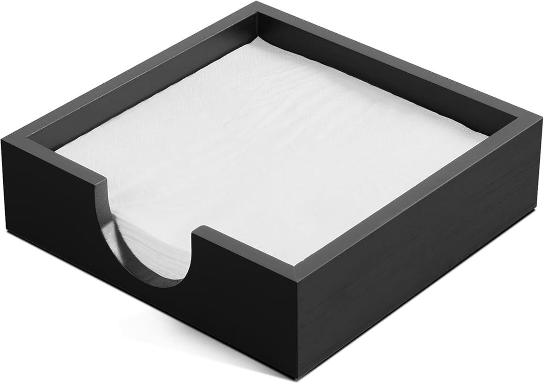 Napkin Holder for Table, Wooden Napkins Holders For Paper Napkins, Flat Napkin Holder for Luncheon, Napkin Holders for Kitchen Dinner Table Decor, Napkin Dispenser for Indoor & Outdoor Use, Black (7.2 x 7.2 x 2 inches)