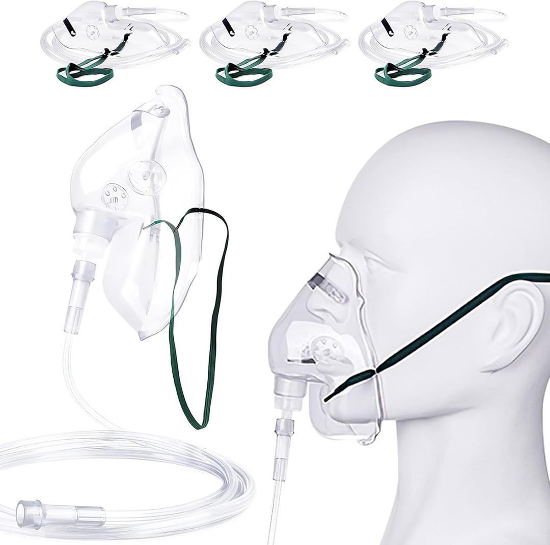 3 Pack Oxygen Mask for Adult Face with 7' Tube & Adjustable Elastic Strap- Size XL (Clear)
