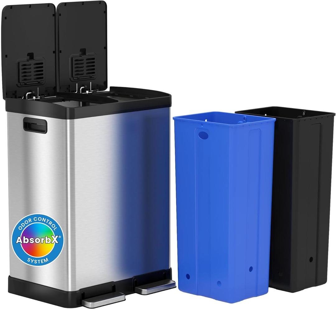 iTouchless 60 Liter / 16 Gallon Rectangular Dual Compartment Kitchen Trash Can & Recycling Bin, Odor Filter, Soft-Close, Hands-Free Step Pedals, Color-Coded Buckets, Smudge-Resistant Stainless Steel