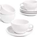 LE TAUCI 6 oz Cappuccino Cups with Saucers, Set of 4 Ceramic Coffee Cup, Au Lait, Flat White, Mocha, Tea, Embossed Coffee Cups, White