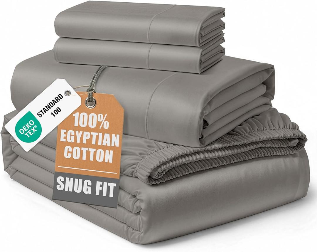 100% Egyptian Cotton King Sheet Set Naturally Cooling & Breathable Sateen 4 Piece King Sheets, Authentic Long-Staple Cotton for Lasting Softness, Snug Fit 15" Deep Pocket Fitted - Charcoal