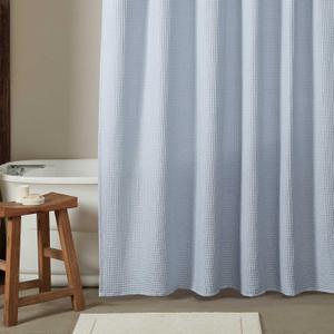 Calvin Klein - Fabric Shower Curtain, Luxury Cotton Blend Bathroom Decor with 12 Button Holes (Waffle Solid Blue, 70" x 72")