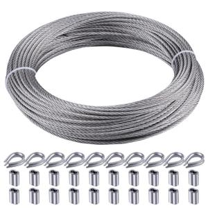RECTOO 1/16 Stainless Steel Cable 100ft, Marine Grade 316 7x7 Rope Kit, Includes 10 M2 Thimbles and 20 M2 Sleeves for String Light Hanging, Picture Wire and Garden Trellis