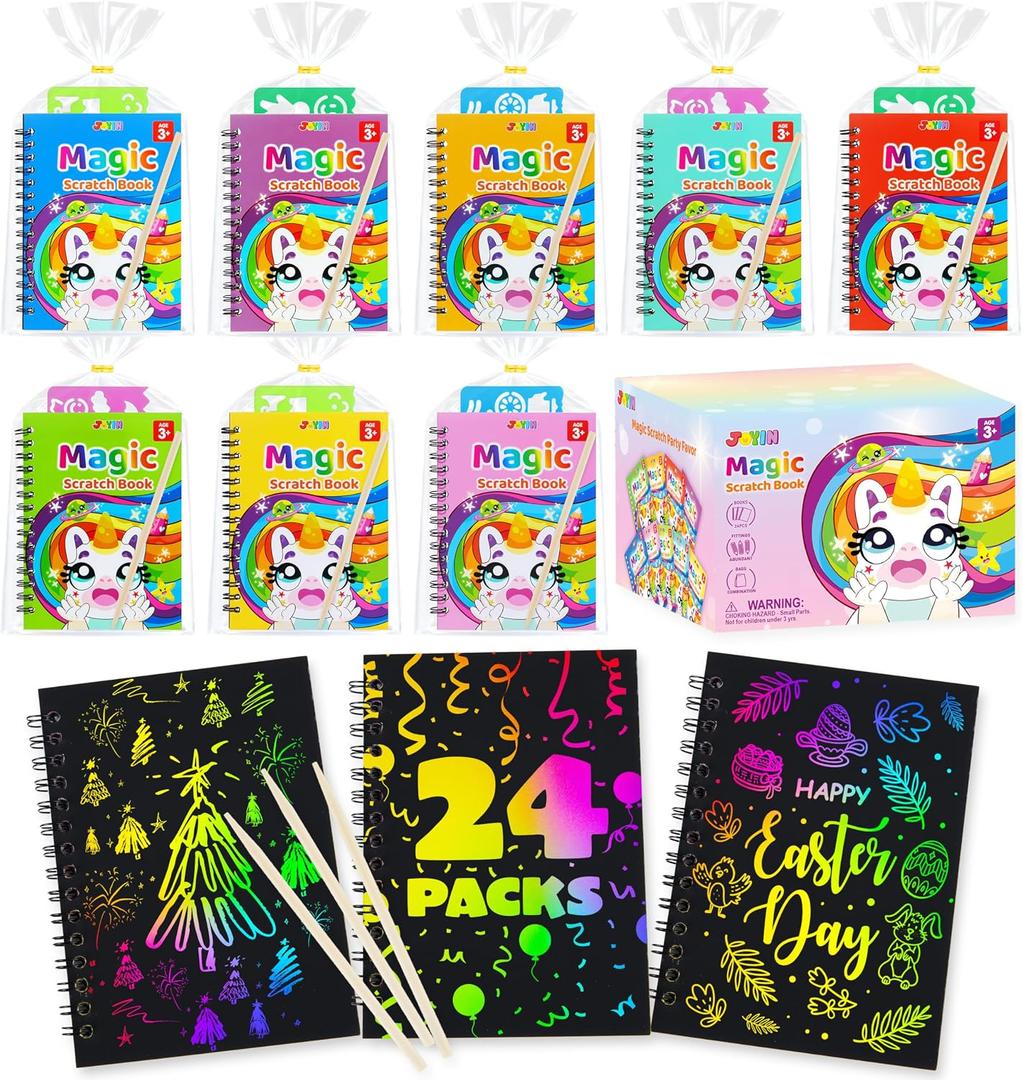 JOYIN 24 Pack Rainbow Scratch Art Notebook, Party Favors for Kids, Art Crafts Kit, Goodie Bags Stuffers for Girls Boys, Return Gifts for Birthday, Classroom Prizes, Bulk Gifts for Valentines Easter