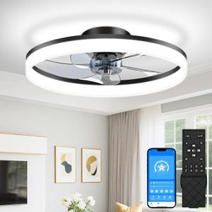 VOLISUN Low Profile Ceiling Fans with Lights and Remote, 20in Fandelier Ceiling Fan Flush Mount, 3000K-6500K Smart Bladeless LED Fan Light, Black Modern Ceiling Fans with Lights for Bedroom