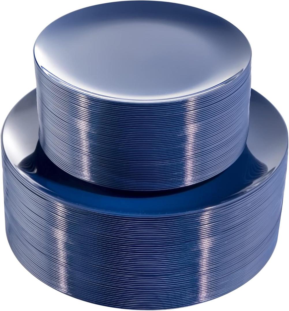 PULOTE 100PCS Blue Plastic Plates - Heavy Duty Navy Blue Disposable - Include 50PCS 10.25inch Dinner & 50PCS 7.5 inch Dessert/Salad Plates - Ideal for Party, Graduation & Memorial Day