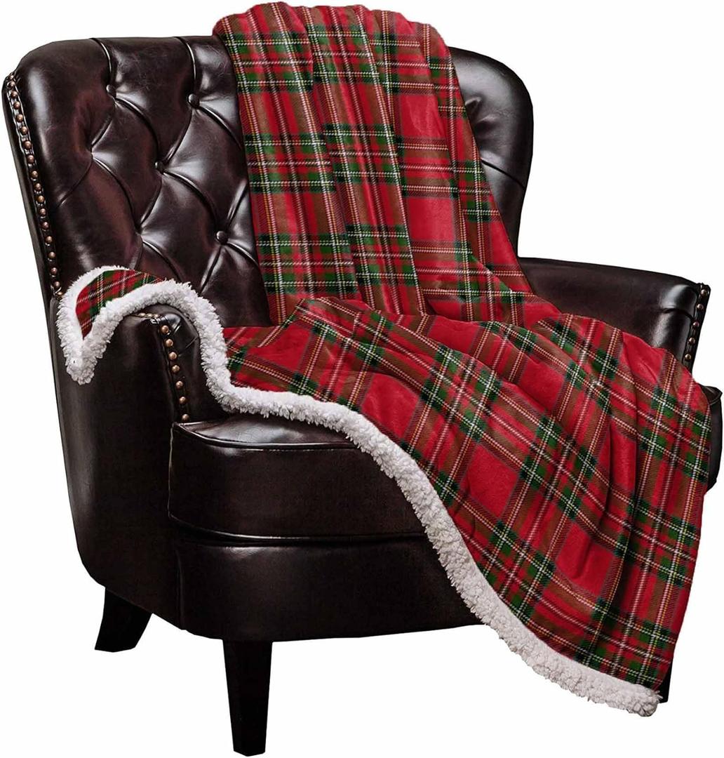 Christmas Sherpa Fleece Throw Blanket for Couch, Red and Green Plaid Checked Cozy Fluffy Blanket 40"x50", Fuzzy Thick Reversible Warm Plush Blanket for Bed Sofa