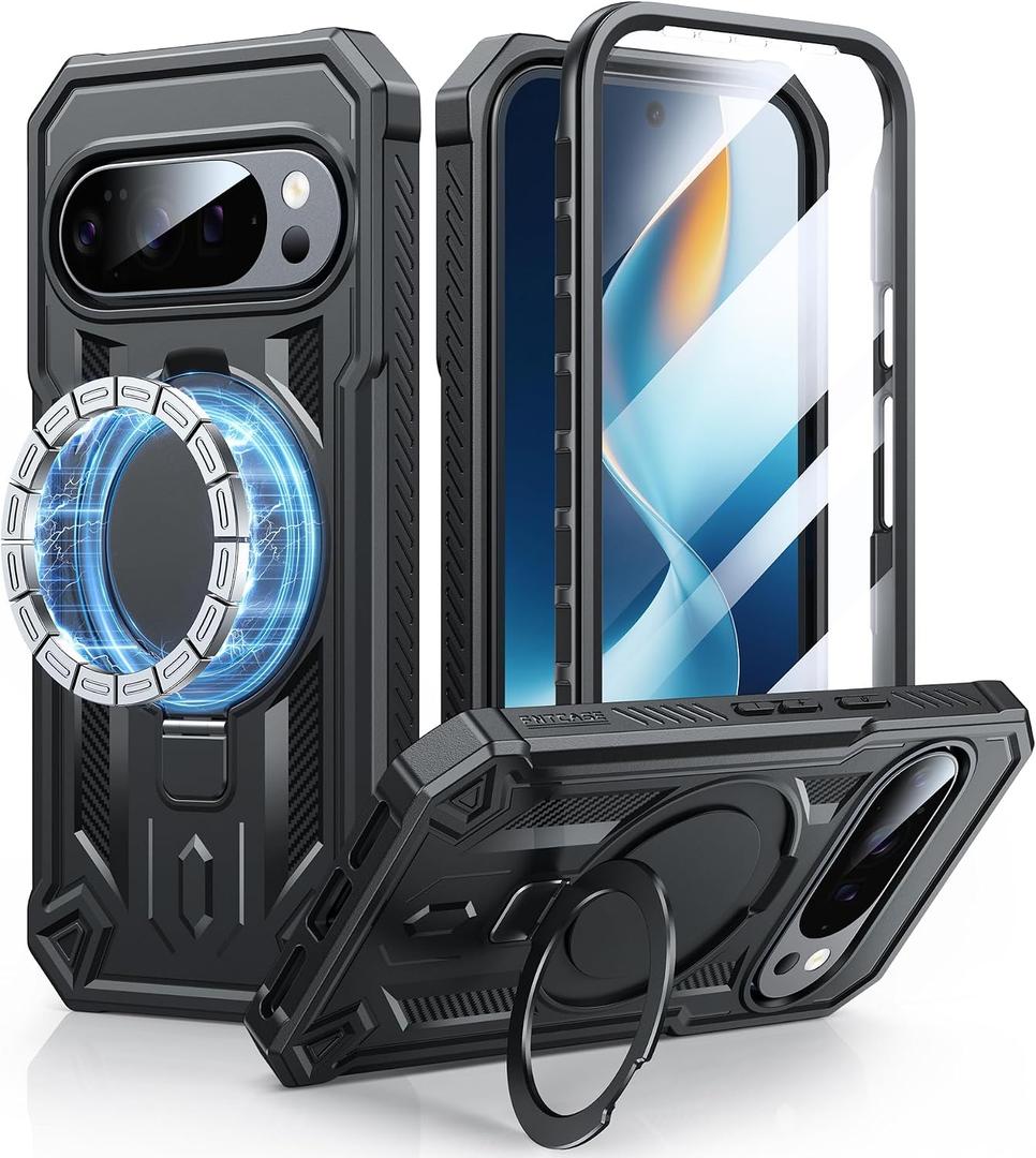 FNTCASE for Google Pixel 10 & 10 Pro Case: for Pixel 9 & 9 Pro Case with Magnetic Ring Stand Holder | Military Grade Shockproof Protective Rugged Cell Phone Cover | Heavy Duty Cases - 6.3 Inch Black