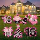 Sweet 16 Birthday Decorations - 7 Pcs Black & Pink Sweet 16 Yard Signs with Stakes, 2 Pcs LED Lights, Sparkling at Night, Weatherproof, Perfect Outdoor Lawn Decorations