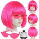 Short Hot Pink Bob Wig with Bangs 3Pcs Colorful Party Wigs Fun Funny Wigs for Women Neon Pink Bob Wig for Halloween Outfit Costume Party Pelucas De Mujer+Sunglasses+Hair Cap