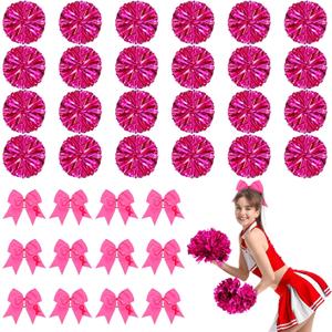 Retrowavy 36 Pcs 12 Inch Cheerleader Poms and Large Cheer Hair Bow for Girl, Poms with Handle for Breast Cancer Procession Halloween Softball Dance