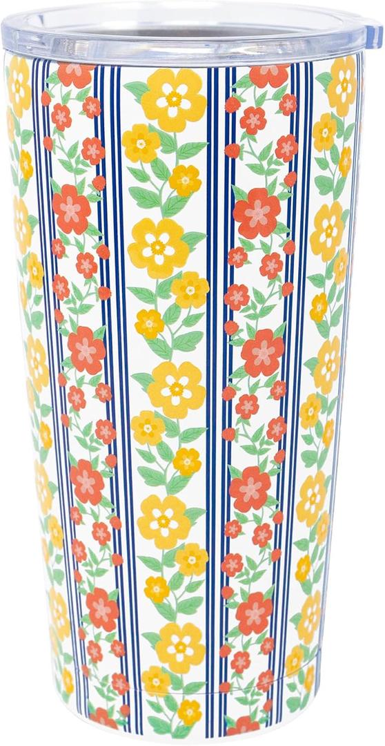 Martha Stewart Insulated Coffee Tumbler, 16 Ounce Stainless Steel Travel Mug with Lid, Double-Wall Design for Hot or Cold Beverages, Floral Stripe