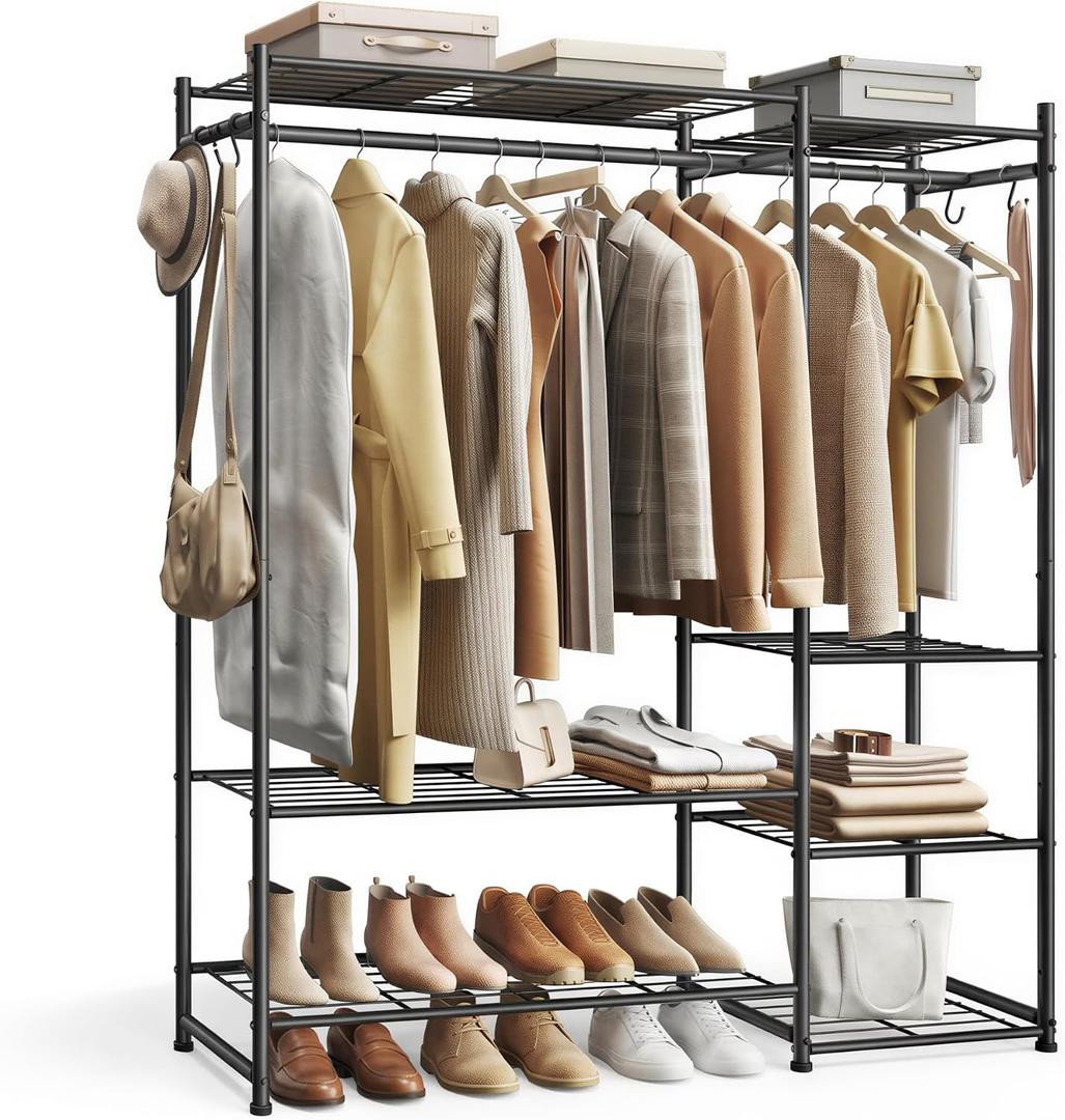 SONGMICS Portable Closet Wardrobe, Clothes Rack, Closet Organizers and Storage, Freestanding Clothing Rack with 7 Shelves, 2 Hanging Rods, Metal Frame Rack, for Bedroom, Entryway, Black ULGR010BZ03S, 49.1"l