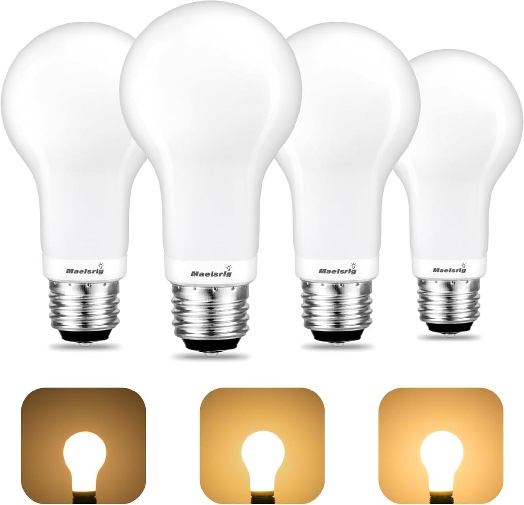 Maelsrlg 3-Way Light Bulbs, 30 70 100 Watt Equivalent, Soft White 2700K, A19 Three Way LED Bulbs, 3W/8W/10W, E26 Medium Base, Pack of 4