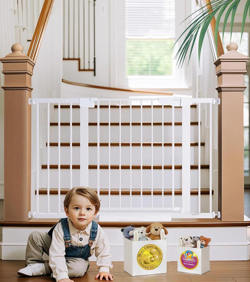 Cumbor 29.7-48" Baby Gate for Stairs, Mom's Choice Awards Winner-Dog Gates for Doorways, Auto Close Safety Pet Gate for Dogs Indoor, Easy Install Pressure Mounted Child Gate with Walk Thru Door, White