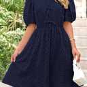 KIRUNDO Eyelet Summer Dresses for Women 2025 Short Sleeve Tie Front Babydoll A Line Wedding Guest Beach Vacation Sundress(Navy, Large) (Blue, XL)